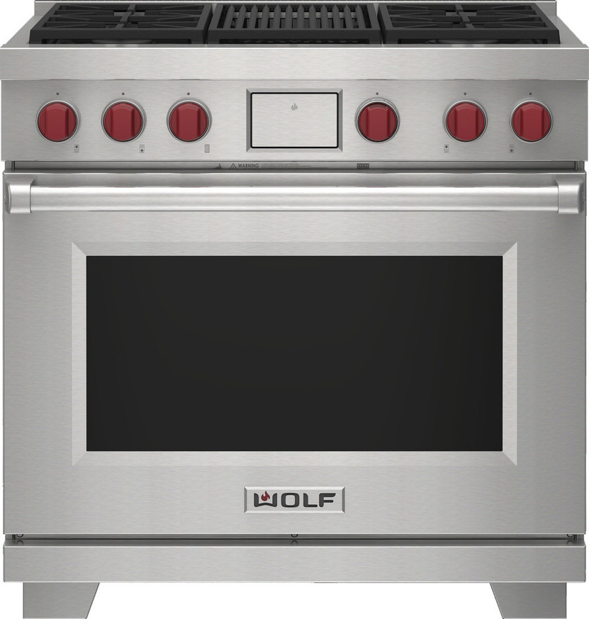 Wolf 36 In. Stainless Steel Dual Fuel Liquid Propane Range With 4 Burners And Infrared Charbroiler