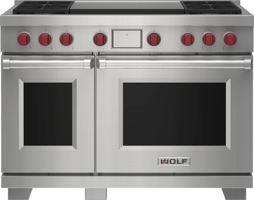 Wolf 48 In. Stainless Steel Dual Fuel Liquid Propane Range With 4 Burners And Infrared Dual Griddle