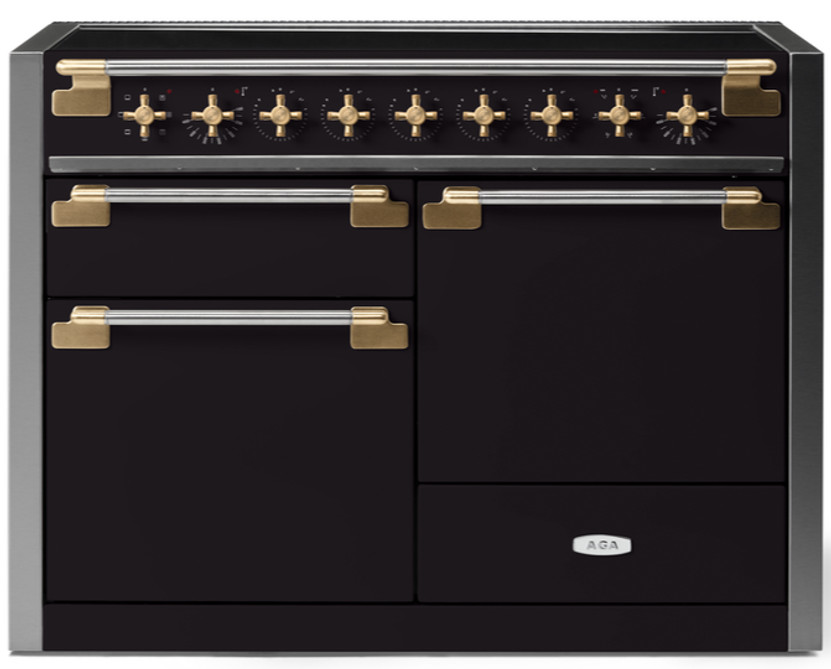 AGA Elise Induction Range 48-Inch Antique Brass Handle Stanchion and Knobs in Gloss Black
