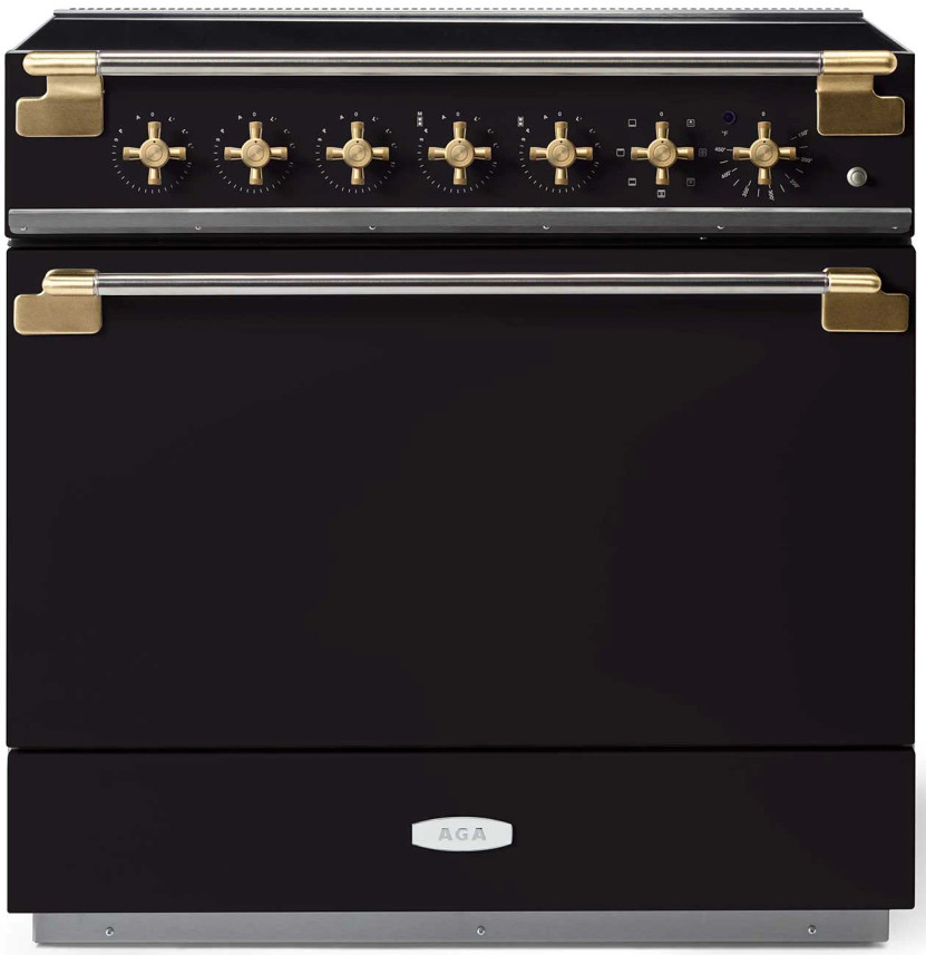 AGA Elise Induction Range 36-Inch Antique Brass Handle Stanchion and Knobs in Matte Black