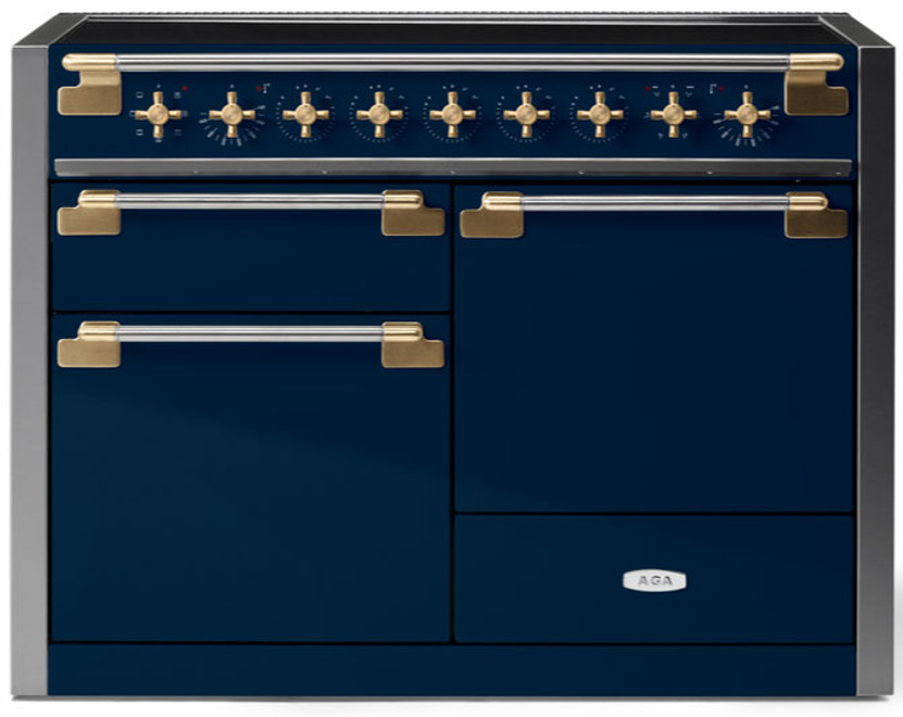 AGA Elise Induction Range 48-Inch Antique Brass Handle Stanchion and Knobs in Indigo