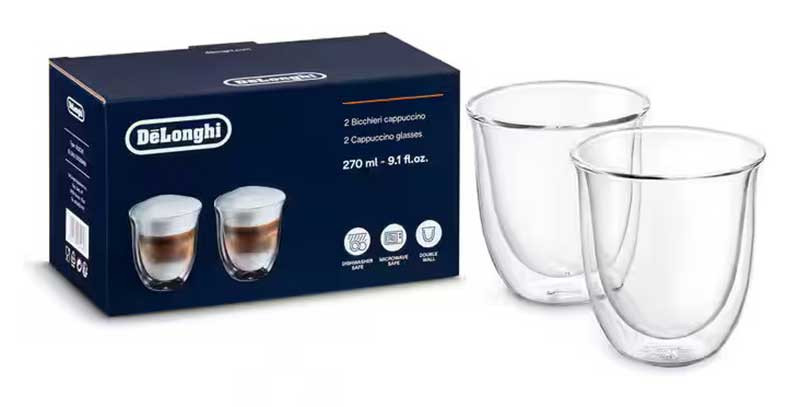 DeLonghi 9 Fl Oz. Double Wall Glass Cappuccino Cups Pair