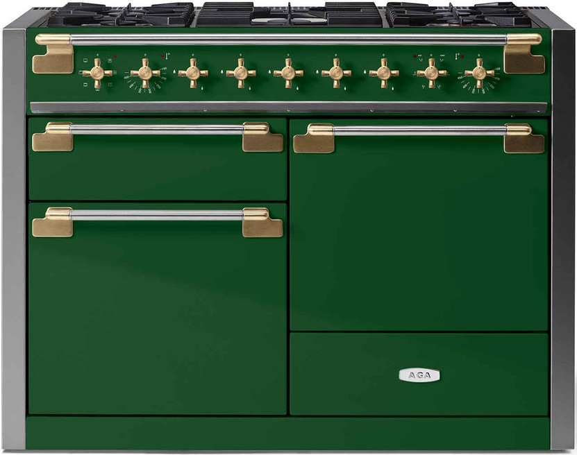 AGA Elise Dual Fuel Range 48-Inch Antique Brass Handle Stanchion and Knobs in Cornwall Green