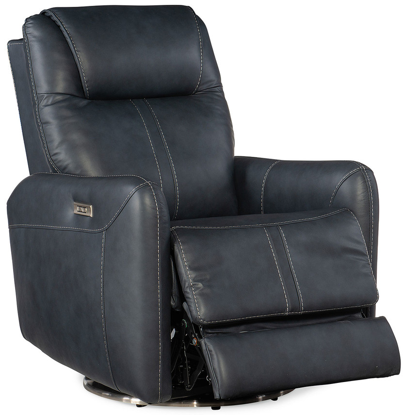Hooker Furniture Living Room Steffen Leather Swivel Power Recliner w Power Headrest In Aline Sea Finish