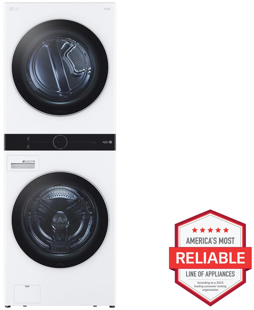 LG 27 White WashTower With Center Control Single Unit Front Load 4.5 Cu. Ft. Washer And 7.4 Cu. Ft. Gas Dryer Combo