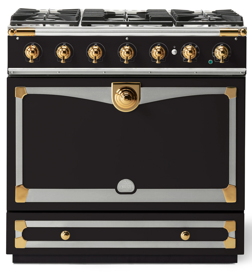 La Cornue CornuFe 90 Albertine 36 In. Matte Black With Polished Brass Trim Dual Fuel Range