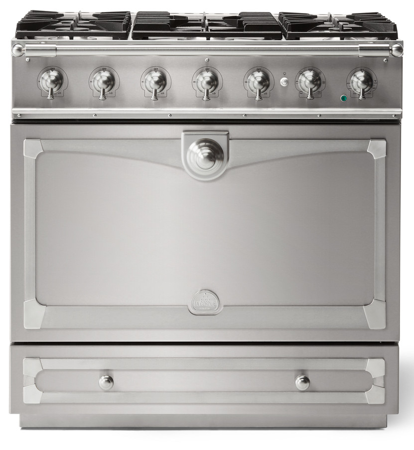 La Cornue CornuFe 90 Albertine 36 In. Stainless Steel With Satin Chrome Trim Dual Fuel Range