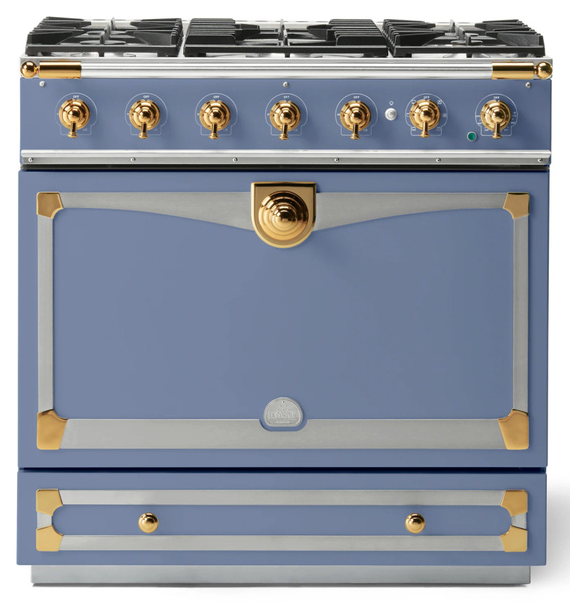 La Cornue CornuFe 90 Albertine 36 In. Provence Blue With Polished Brass Trim Dual Fuel Range