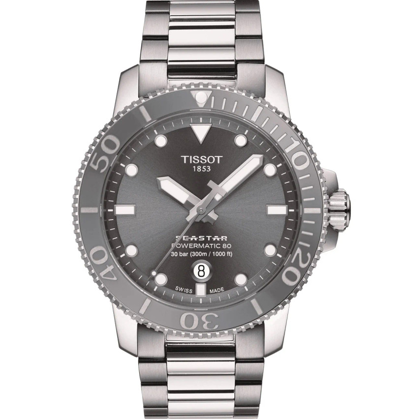 Tissot Seastar 1000 Powermatic 80 Grey Dial Stainless Steel Bracelet Watch, 43mm