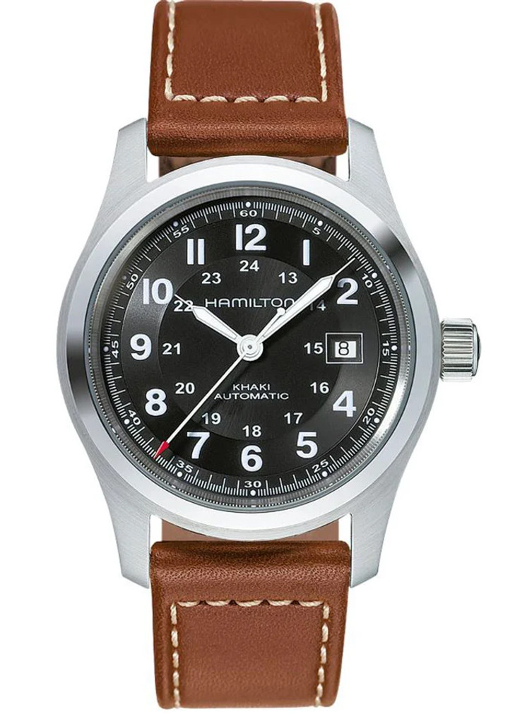 Hamilton Khaki Field Auto Black Dial Brown Leather Watch, 42mm