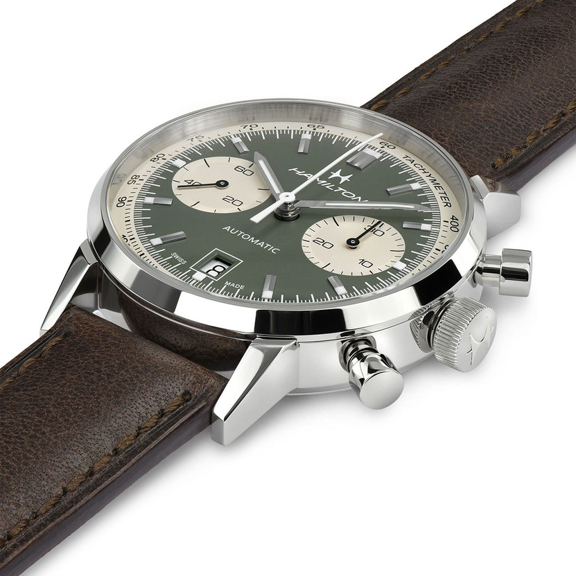 Hamilton American Classic Intra-Matic Auto Chrono Green Dial Brown Leather Watch, 40mm