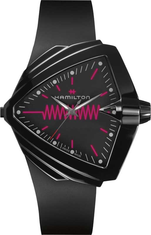 Hamilton Ventura XXL Bright Quartz Black Dial Rubber Strap Watch, 52mm