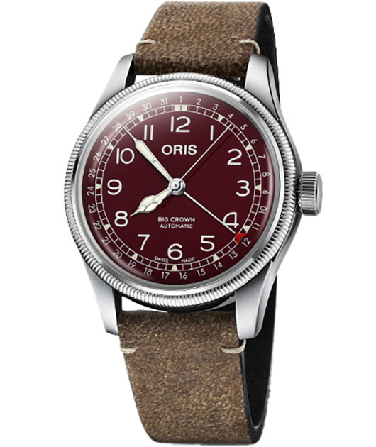 Oris Big Crown Pointer Date Watch 40mm with Red Dial and Brown Leather Strap