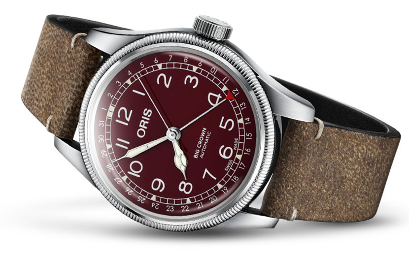Oris Big Crown Pointer Date Watch 40mm with Red Dial and Brown Leather Strap