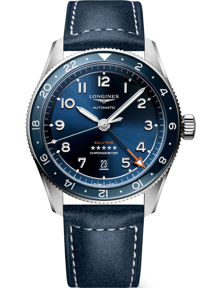 Longines Spirit Zulu Time Sunray Blue Dial Leather Strap Watch, 42mm