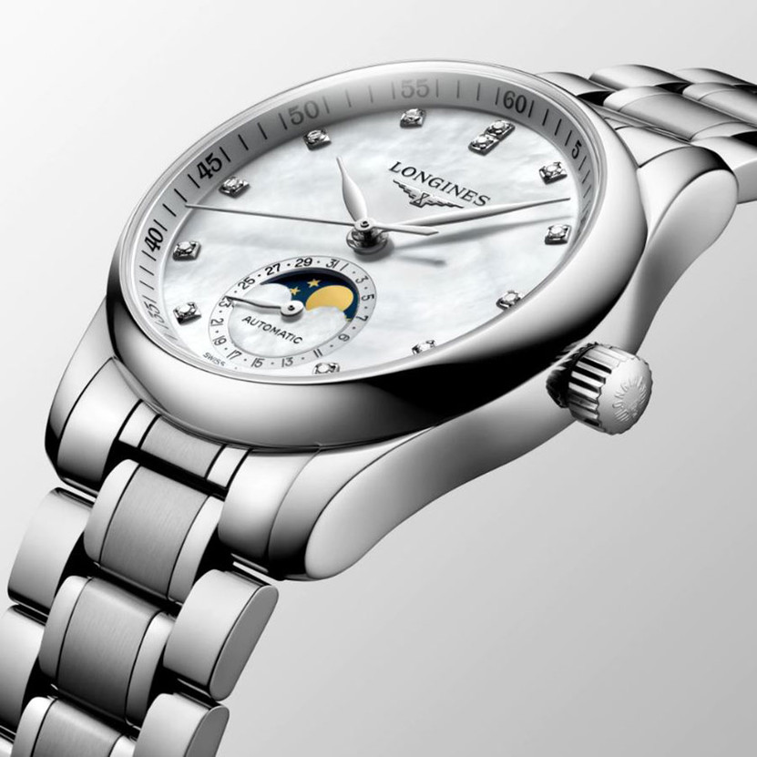 Longines Master Collection Automatic Moonphase Stainless Steel Watch, White MOP Dial, 34mm