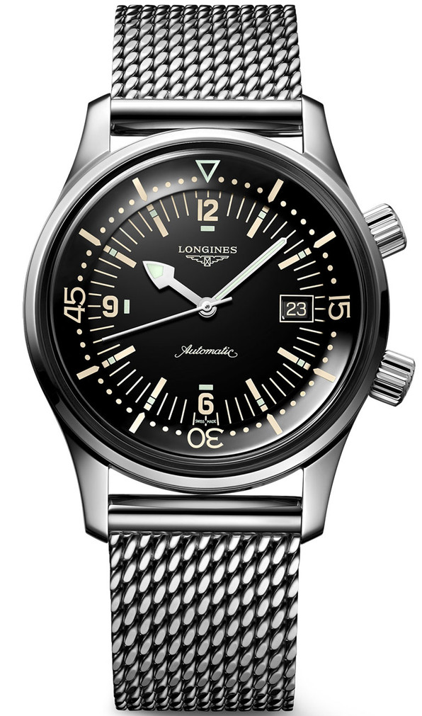 Longines Legend Diver Black Dial Stainless Steel Mesh Bracelet Watch, 42mm