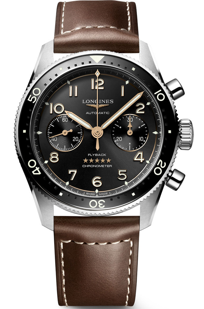Longines Spirit Flyback Black Dial Brown Leather Strap Watch, 42mm