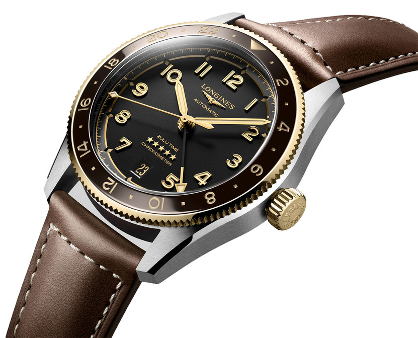 Longines Spirit Zulu Time 39mm Watch with Anthracite Dial and Brown Leather Strap