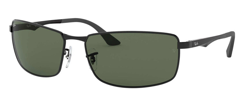 Ray-Ban RB3498 Rectangle Black Sunglasses, Dark Green Lenses, 61mm