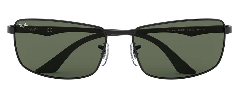 Ray-Ban RB3498 Rectangle Black Sunglasses, Dark Green Lenses, 61mm