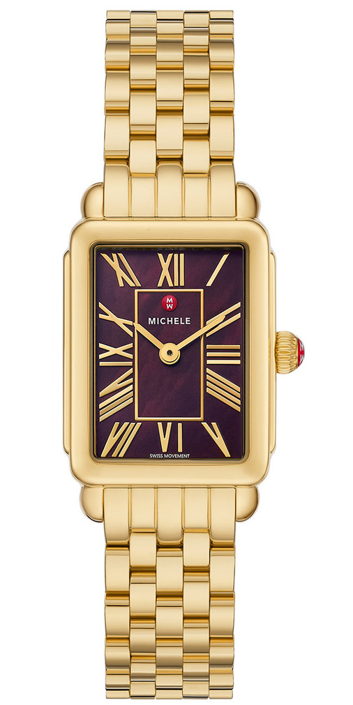 Michele Deco Park Watch 29mm in 18K Gold-Plated with Dark Cherry MOP Dial