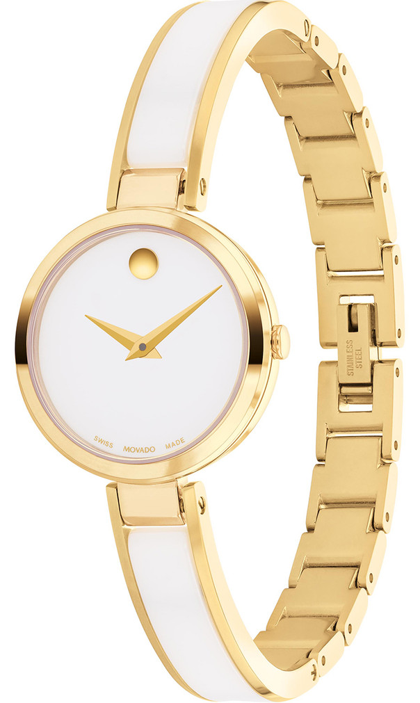 Movado Moda White Dial Yellow Gold PVD Bangle Bracelet Watch, 24mm