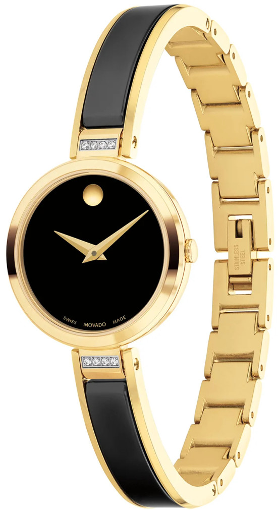 Movado Moda Black Dial Yellow Gold PVD Bangle Bracelet, 24mm
