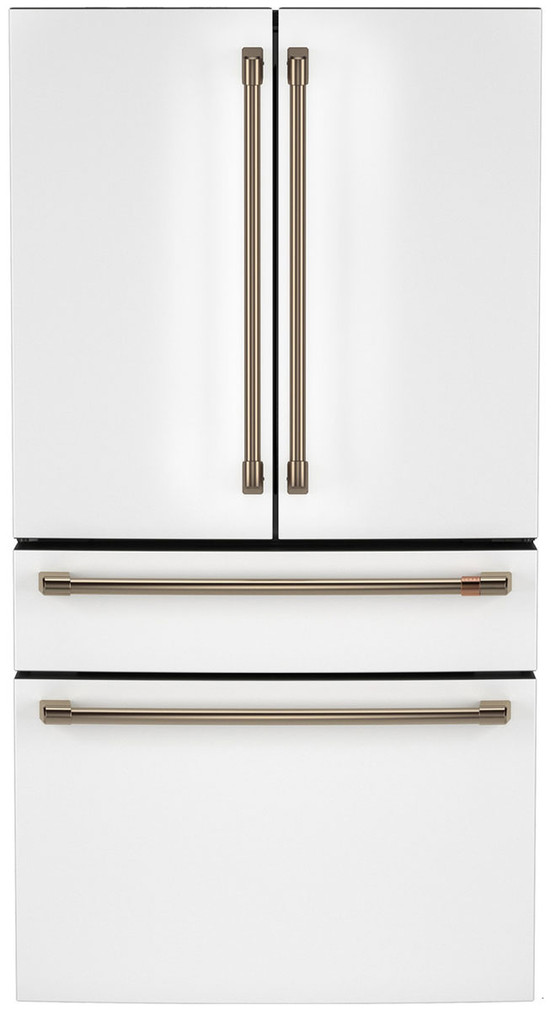 Cafe 28.7 Cu. Ft. Smart 4-Door French Door Refrigerator with Dual-Dispense AutoFill Pitcher 36-Inch Wide in Matte White with Brushed Bronze