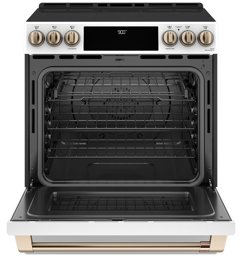 Cafe ADA 30 In. Matte White With Brushed Bronze Smart Slide-In Front Control Induction And Convection Range With Warming Drawer
