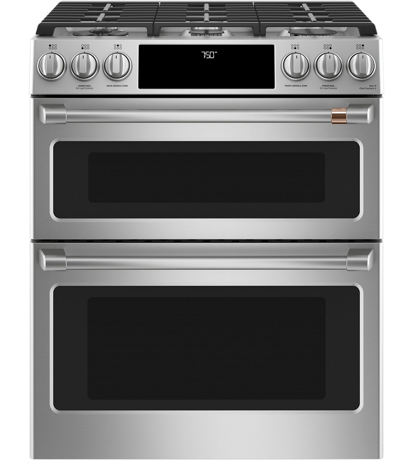 Cafe ADA 30 In. Stainless Steel With Brushed Stainless Smart Slide-In Double Oven Gas Range With Convection