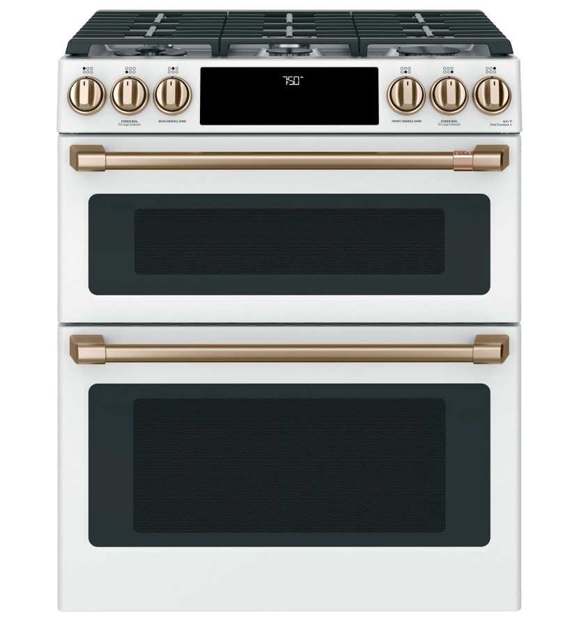 Cafe ADA 30 In. Matte White With Brushed Bronze Smart Slide-In Double Oven Gas Range With Convection