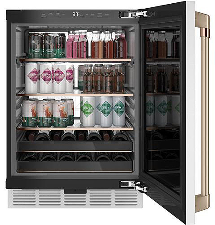 Cafe 5.1 Cu. Ft. Beverage Center 24-Inch Wide in Matte White Frame with Brushed Bronze Hardware