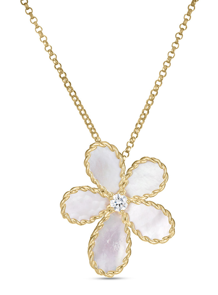 Roberto Coin Princess Flower Necklace with Diamond and Mother of Pearl in 18K Yellow Gold
