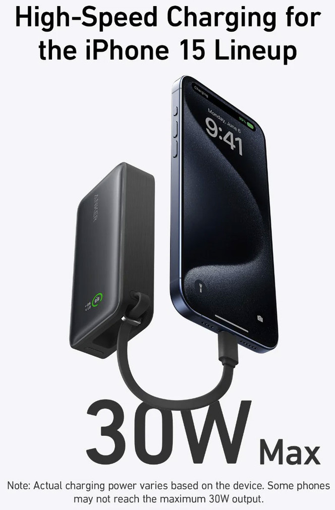 Anker Nano Power Bank 30W with Built-In USB-C Cable in Black Stone