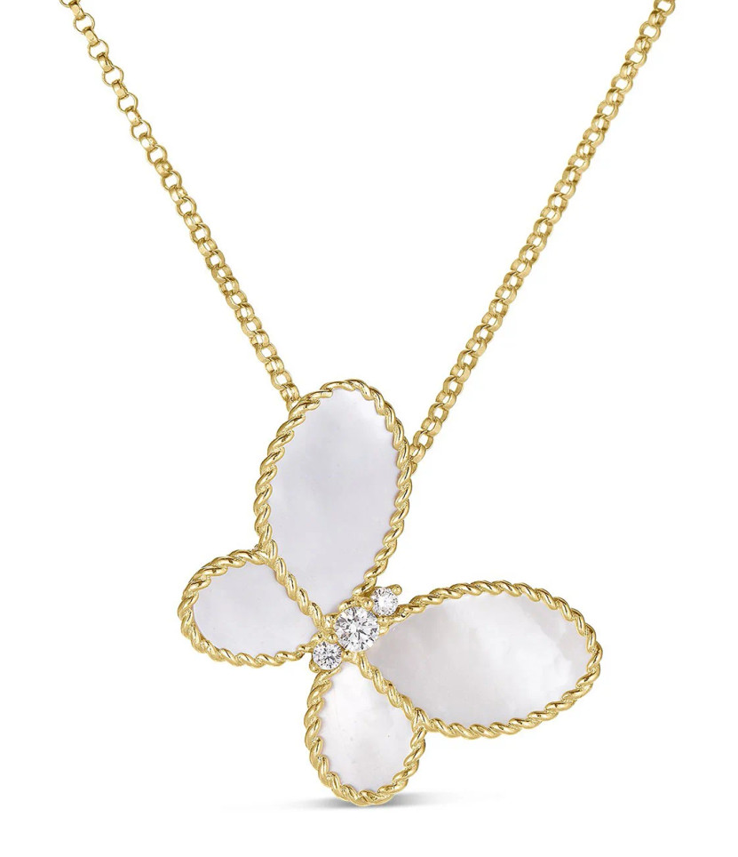 Roberto Coin Jasmine Butterfly Necklace with Diamond and Mother-of-Pearl in 18K Yellow Gold