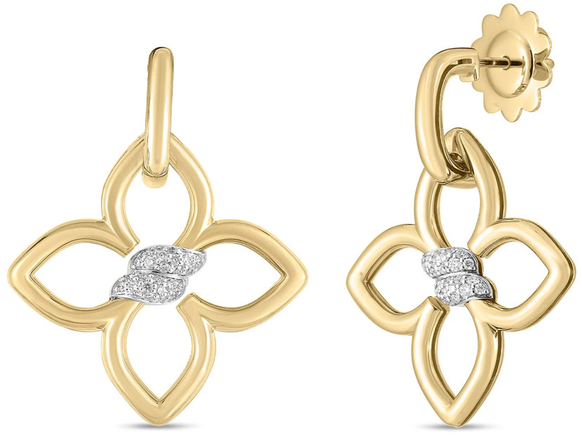 Roberto Coin Cialoma Flower Drop Earrings with Diamonds in 18K Yellow and White Gold