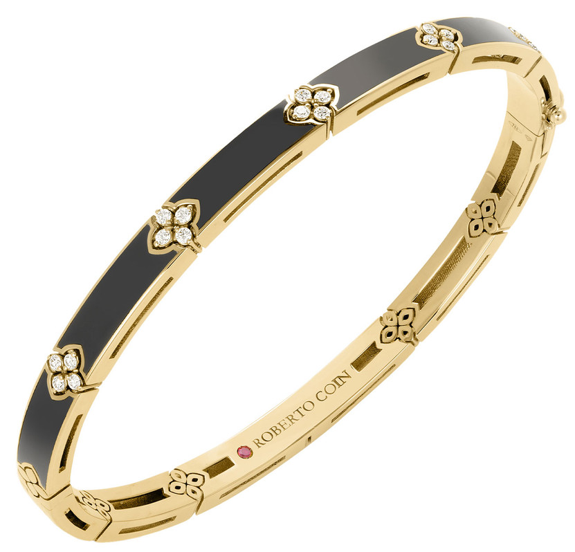 Roberto Coin Love In Verona Diamond Black Enamel Bangle, 48mm X 58mm in 18K Yellow Gold