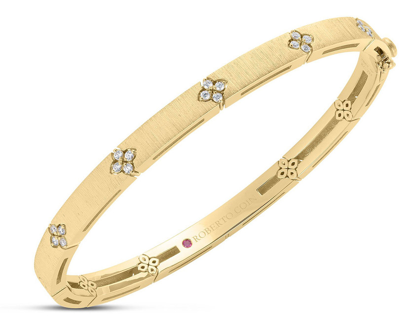 Roberto Coin Love In Verona Diamond Accent and Satin Finish Bangle, Narrow Width in 18K Yellow Gold