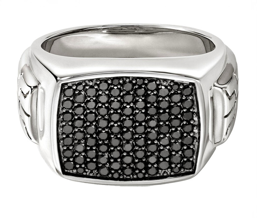 John Hardy Signet Ring Size 10 in Sterling Silver with Treated Black Sapphires