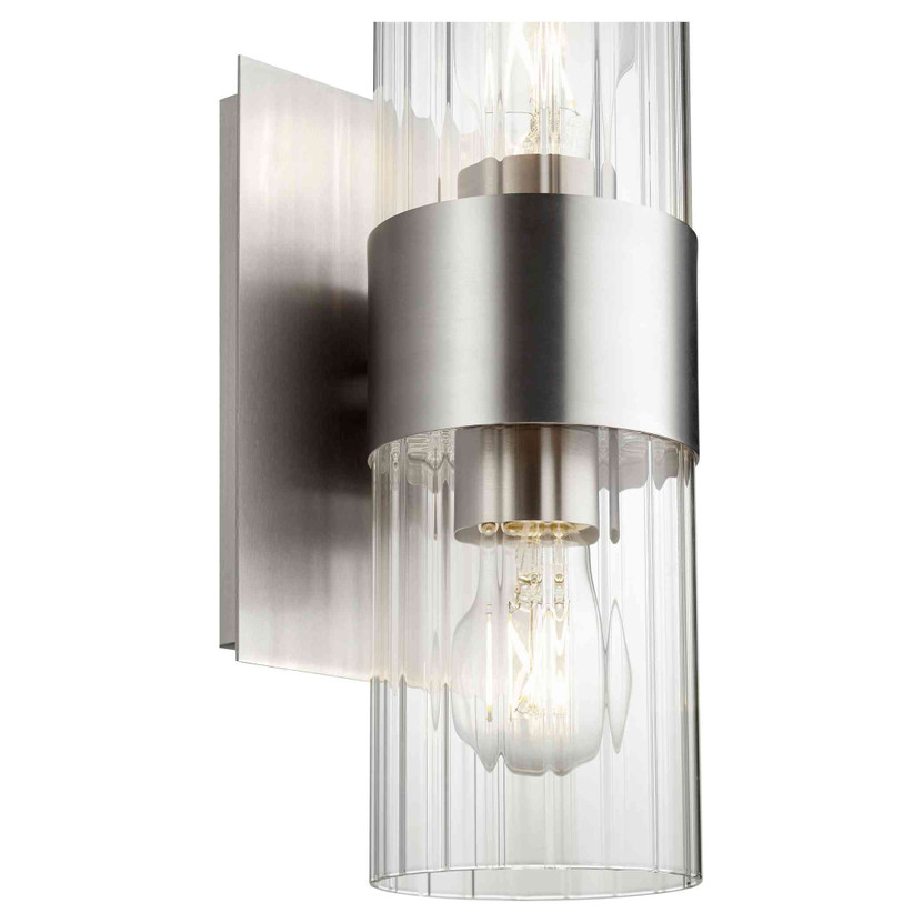 Soft Contemporary Clear And Fluted 2 Light Wall Mount In Satin Nickel