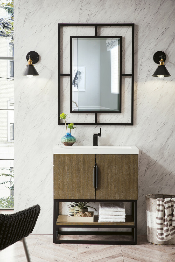 Columbia 31.5" Single Vanity, Latte Oak, Matte Black w/ White Glossy Composite Countertop