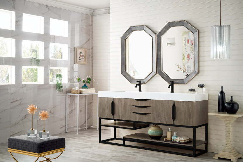 Columbia 72" Double Vanity, Ash Gray, Matte Black w/ Glossy White Composite Top