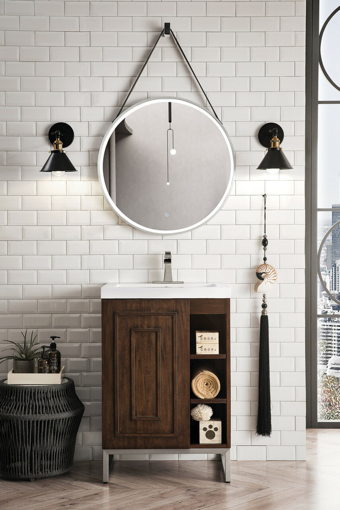 Alicante' 24" Single Vanity Cabinet, Mid-Century Acacia, Brushed Nickel w/White Glossy Composite Countertop