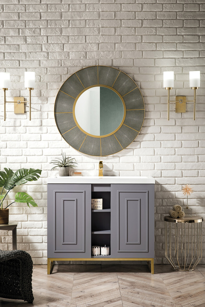 Alicante' 39.5" Single Vanity Cabinet, Grey Smoke, Radiant Gold w/White Glossy Composite Countertop