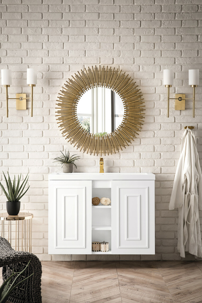 Alicante' 39.5" Single Vanity Cabinet, Glossy White w/ White Glossy Composite Countertop