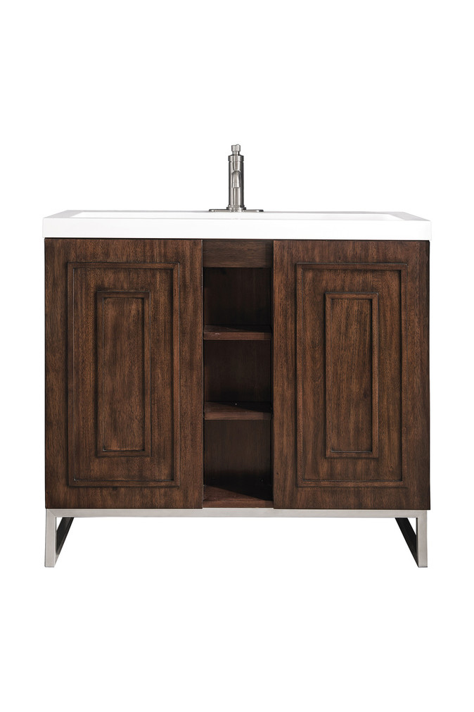 Alicante' 39.5" Single Vanity Cabinet, Mid-Century Acacia, Brushed Nickel w/White Glossy Composite Countertop