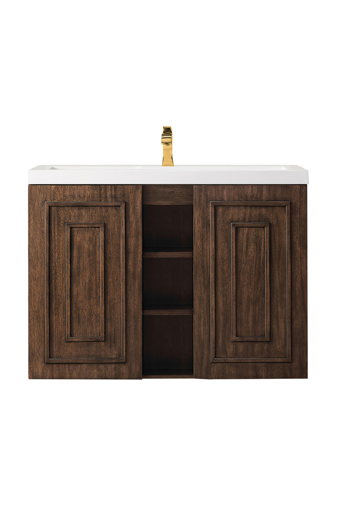 Alicante' 39.5" Single Vanity Cabinet, Mid-Century Acacia w/ White Glossy Composite Countertop