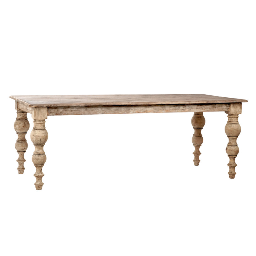 Maeve 84" Rectangular Reclaimed Pine Dining Table with Carved Four Poster Legs Finished in an Antique Seal