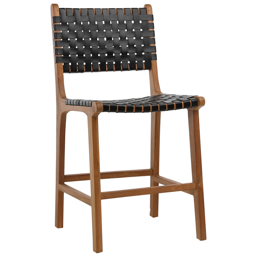 Maverick Top Grain Woven Black Leather with Teak Frame Dining Counter Stool